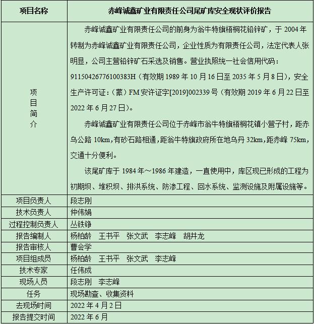 赤峰誠鑫礦業(yè)有限責(zé)任公司尾礦庫安全現(xiàn)狀評(píng)價(jià)報(bào)告