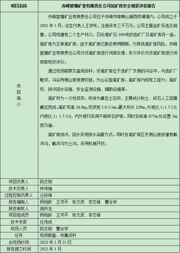 赤峰堃堋礦業(yè)有限責(zé)任公司尾礦庫安全現(xiàn)狀評價(jià)報(bào)告