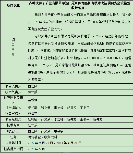 赤峰大井子礦業(yè)有限公司選廠尾礦庫增高擴(kuò)容技術(shù)改造項(xiàng)目安全設(shè)施驗(yàn)收評(píng)價(jià)報(bào)告